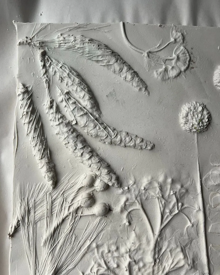 Relieve de escayola blanca con texturas vegetales, con superficie mate y detalle recién repasado
